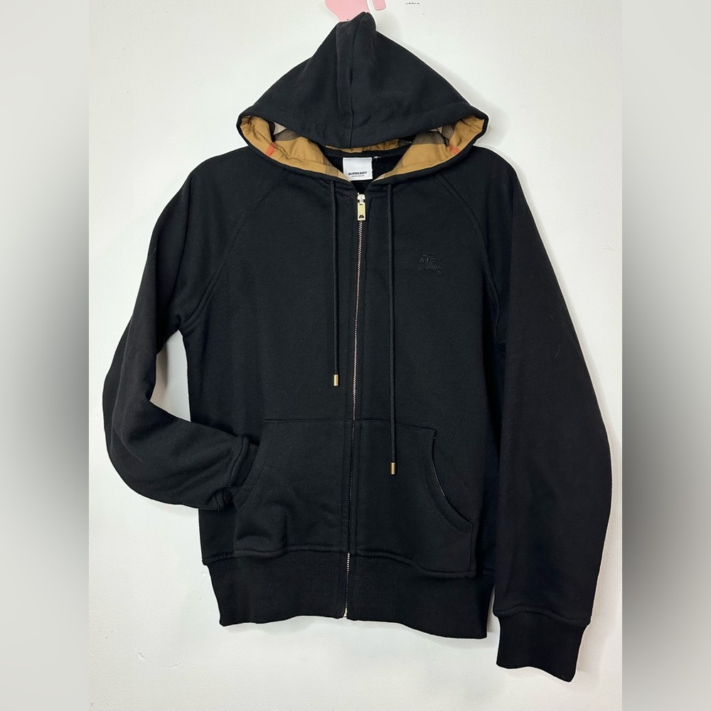 Burberry Black Cotton Zip Up with Plaid Pattern Hoodie M/L